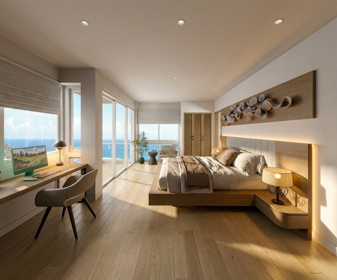 Samudra Villas — master bedroom with floor-to-ceiling ocean view