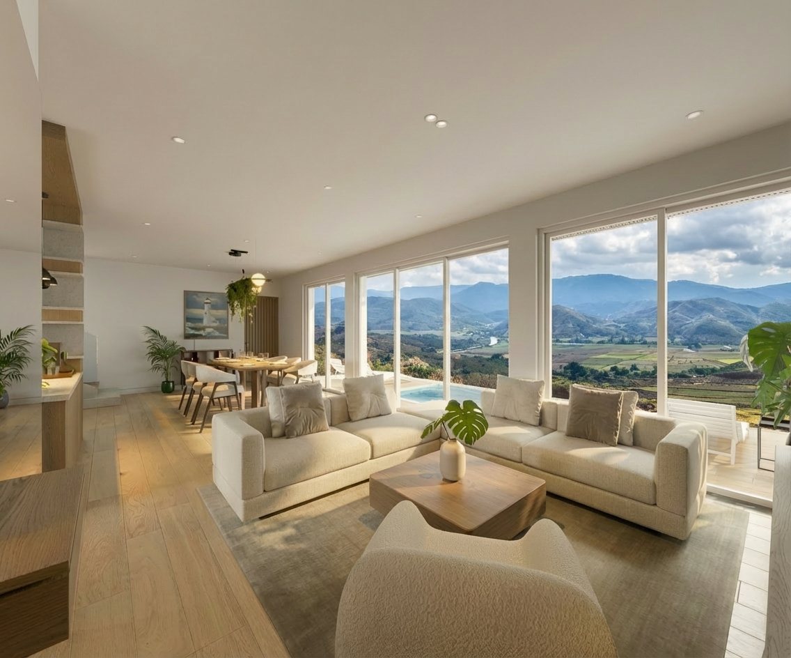 Samudra Villas — open-plan living room with valley view
